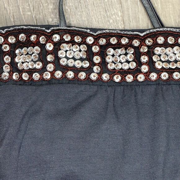 Weavers Girl Moto Boho Tank Top Earthy Green Metal‎ Sequin Tee Medium Coastal - Picture 2 of 4